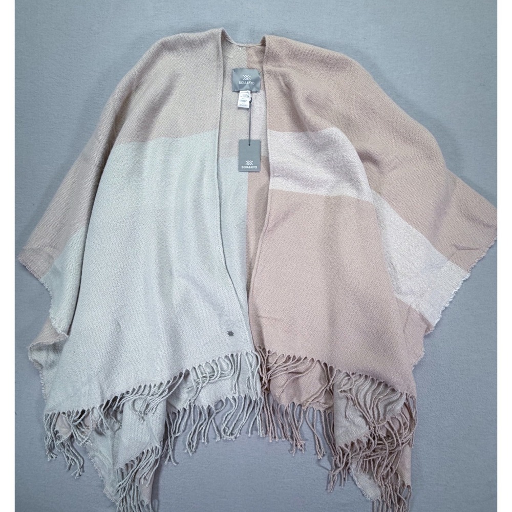 Soia & Kyo Poncho Women OS Tan NWT Colorblock Fringe Knit Wrap Shawl
